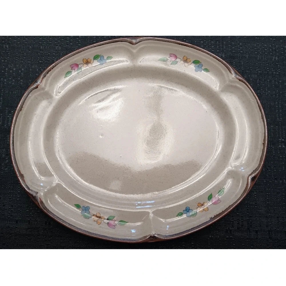 Vintage Village Scene Gravy Boat with Underplate Stoneware Country Folk Art